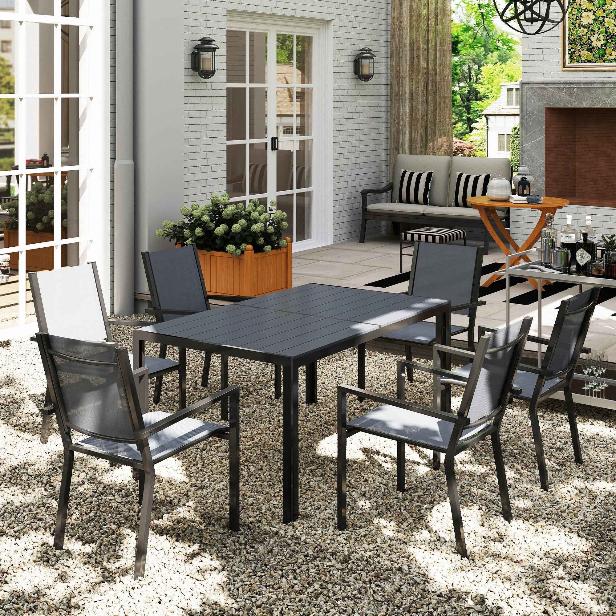 Outsunny 7-Piece Garden Set with Slatted Table and 6 Stackable Chairs, in Steel and Texteline, Grey