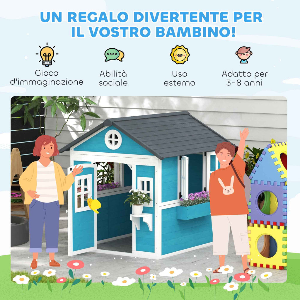 Outsunny Children's Playhouse for 3-8 Years Old with Pots and Planters, Made of Fir Wood, 114x126.4x135 cm, Blue