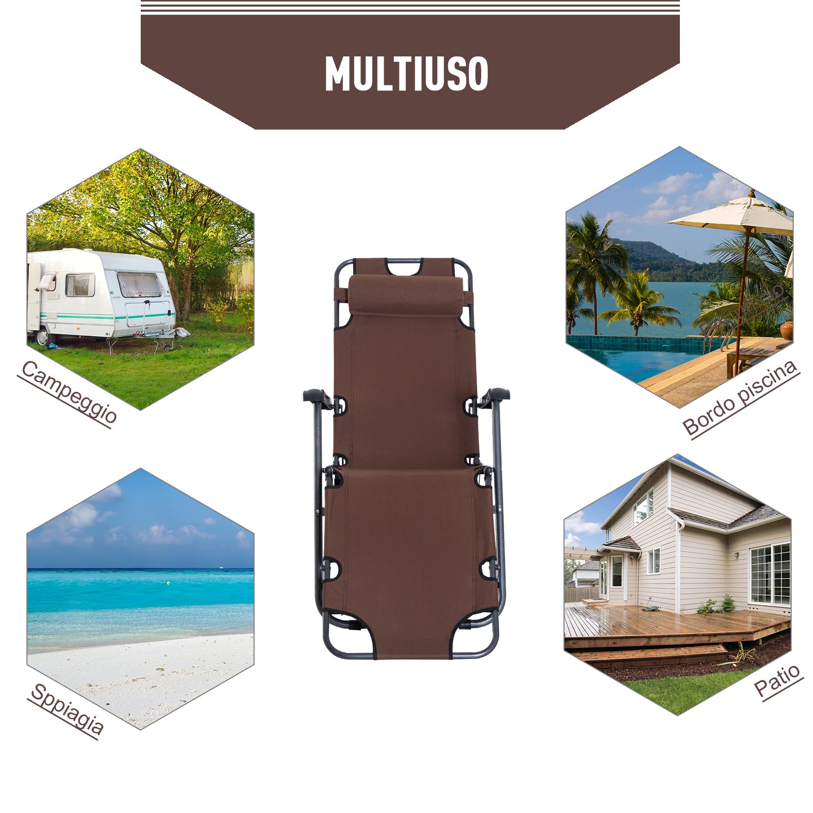 Folding and Collapsible Garden Lounger in Oxford Fabric, 135x60x89cm - Brown