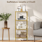 Minimalist 4-Tier Metal and Tempered Glass Shelf Unit, 40x30x96.5 cm, Gold