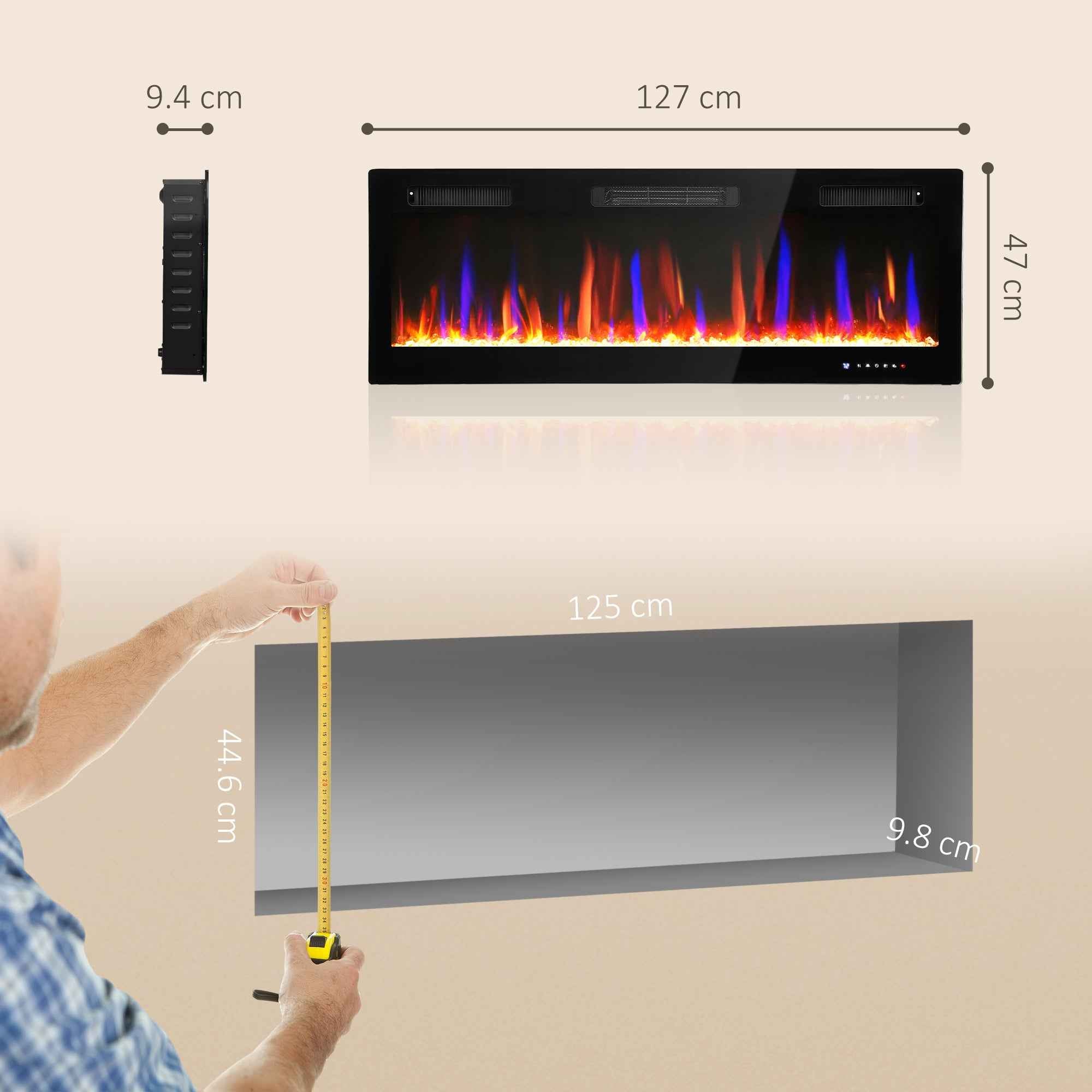 HOMCOM Built-in or Wall-Mounted Electric Fireplace with Adjustable Temperature, Steel and Glass, 127x9.4x47 cm, Black
