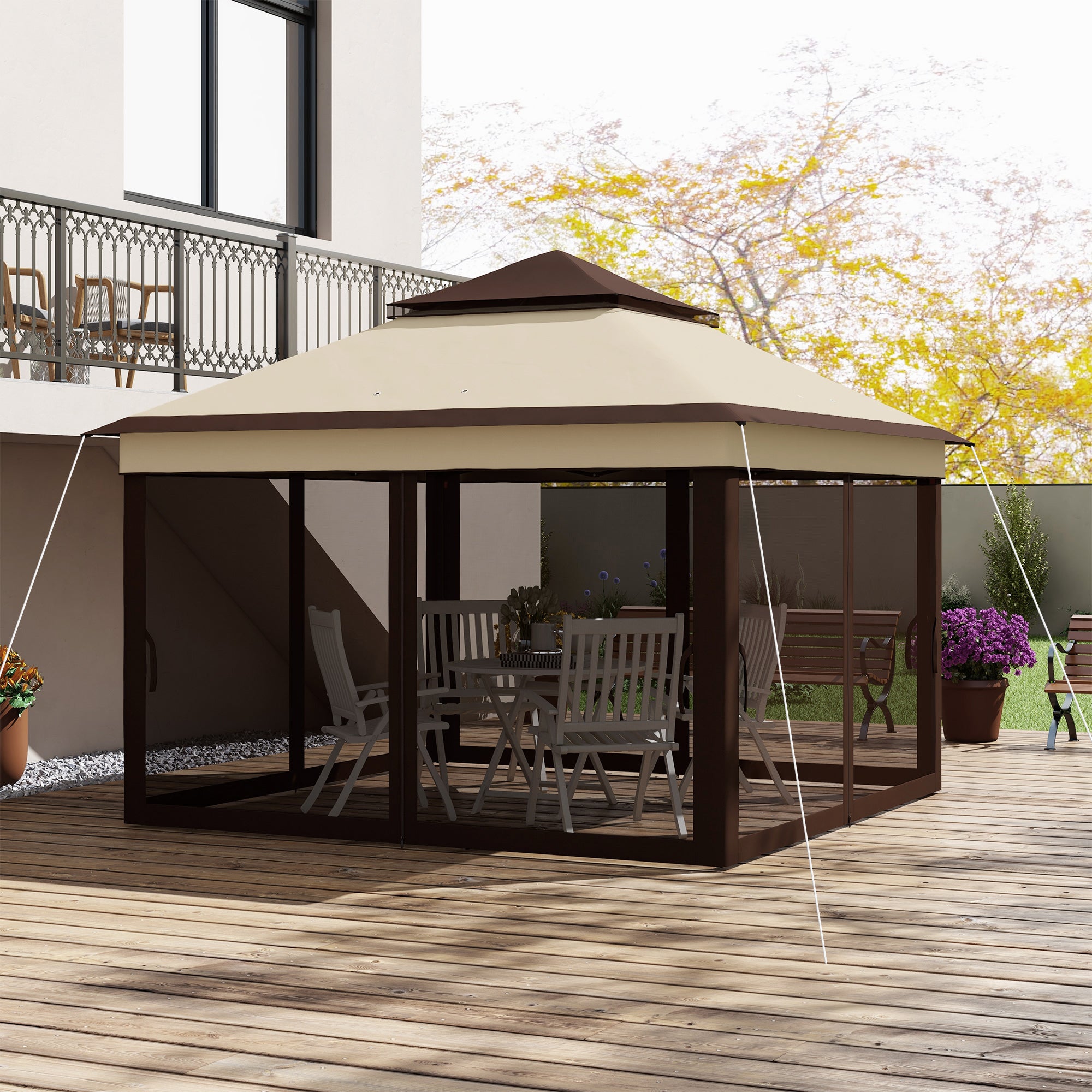 Outsunny Gazebo 3x3 adjustable on 3 levels with removable walls, in steel and Oxford fabric, coffee color and beige - Borgè