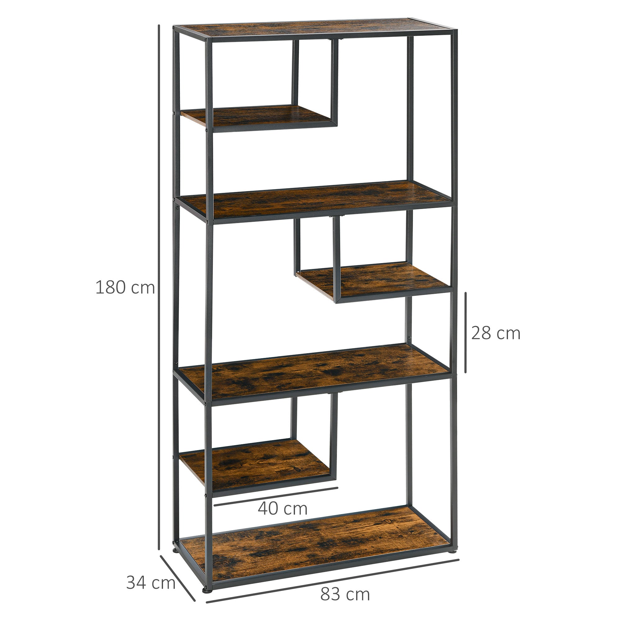 Industrial Style 7-Tier Wood and Steel Bookcase, 83x34x180 cm, Brown