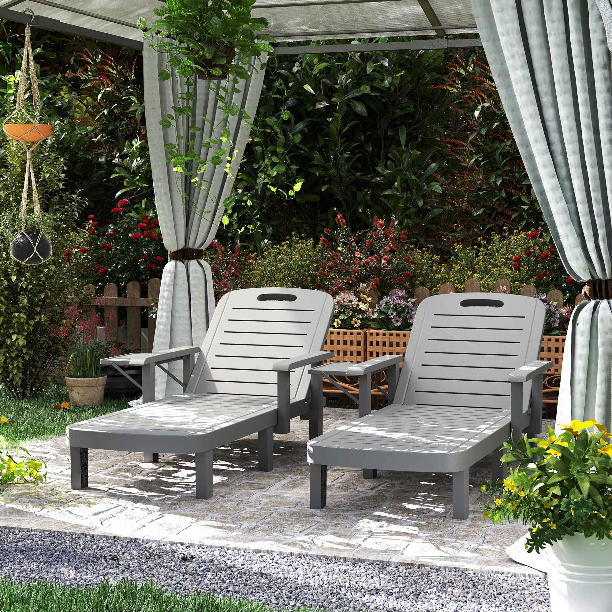 Outsunny Set of 2 Adjustable Garden Loungers with Table and Armrests, in Polypropylene, 79x158x88 cm, Dark Grey