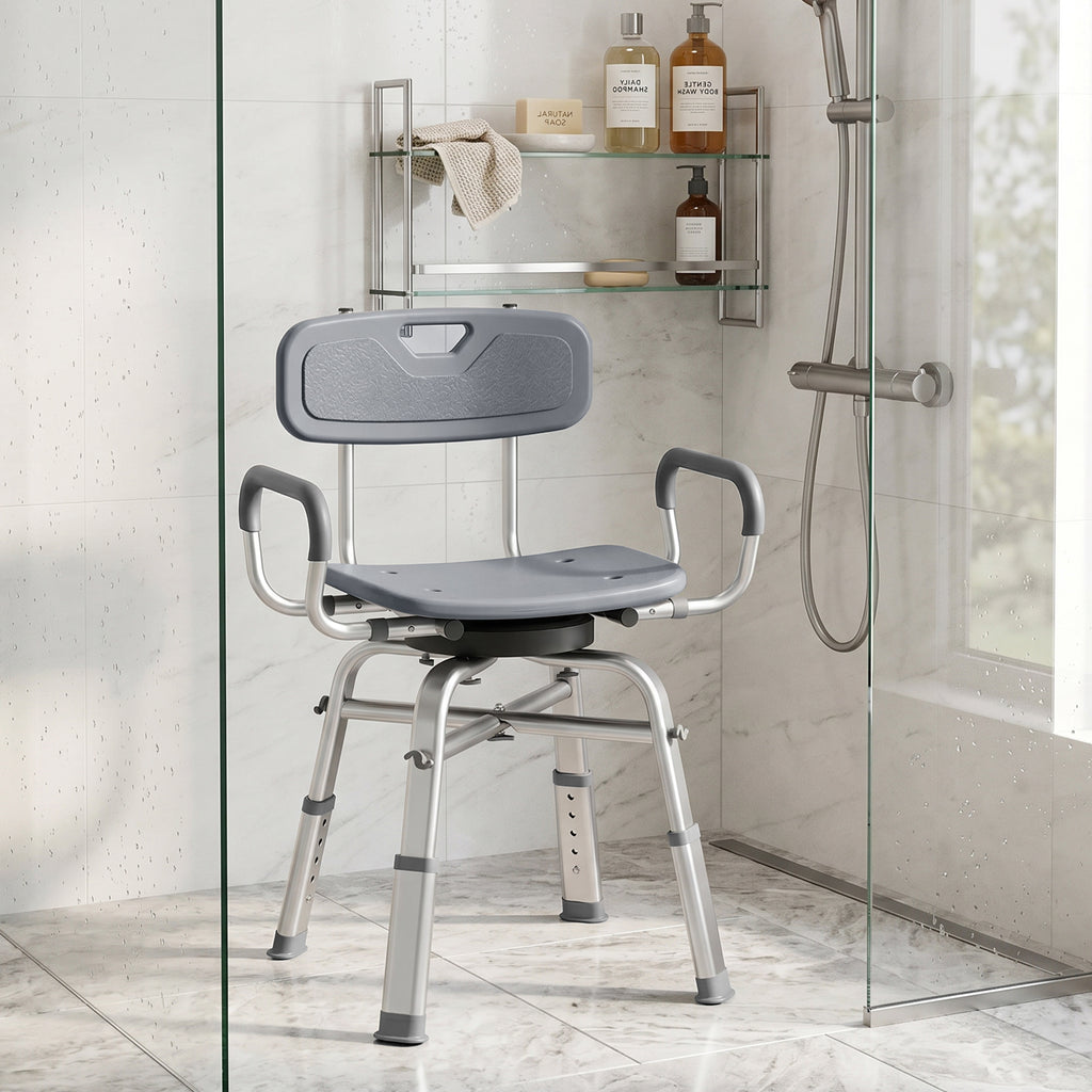 HOMCOM Height-Adjustable Swivel Shower Chair with Armrests, Backrest, 150kg Capacity, Grey