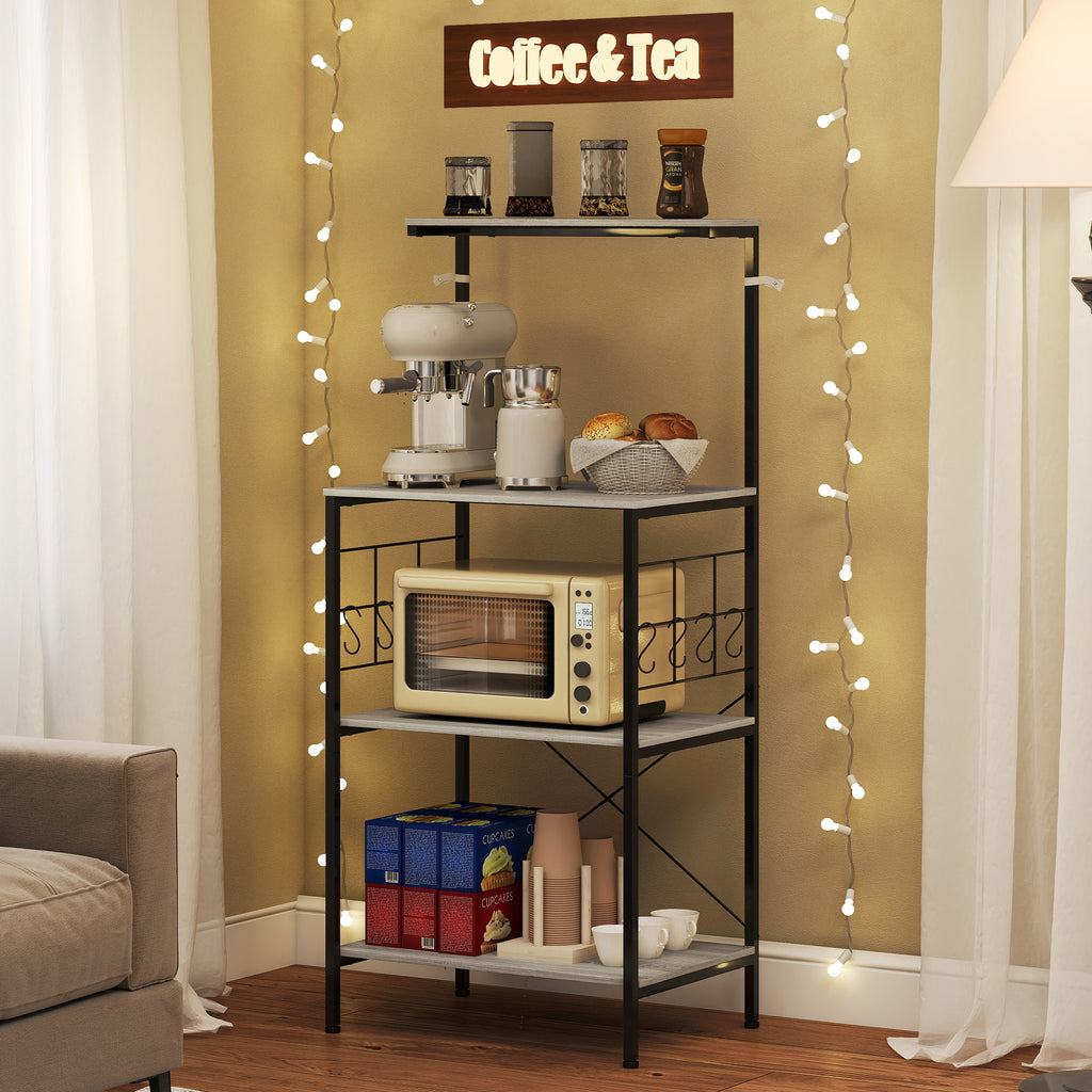 4-Tier Kitchen Shelf with Mesh Panels and 8 Hooks, Industrial Style, 60x42x134.5 cm, Oak