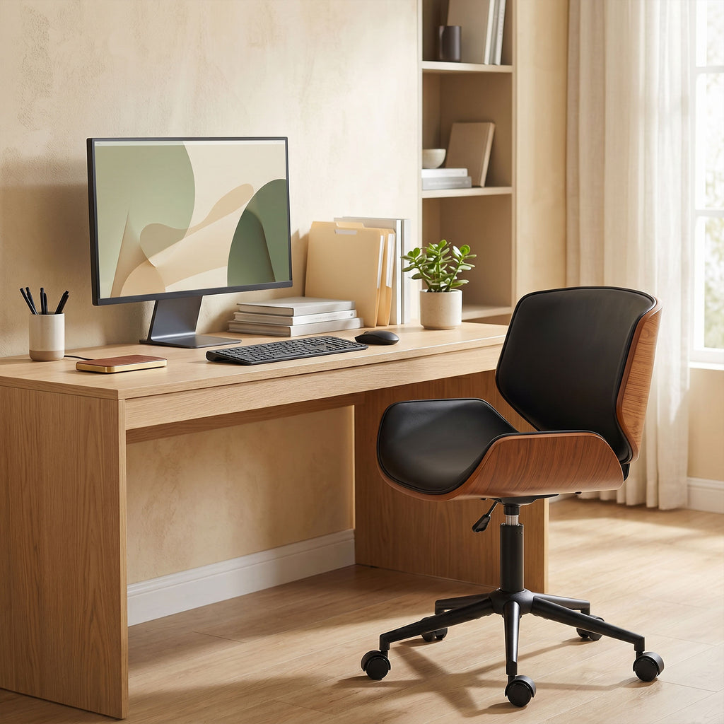 HOMCOM PU Leather Swivel Desk Chair, Armless with Adjustable Height, Mid-Century Modern Style, Black