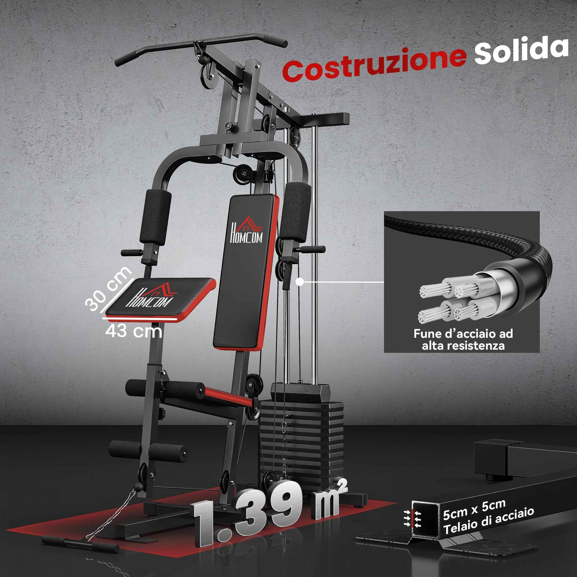 HOMCOM Power Tower Fitness Station Weights 65kg, 135x103x210cm, Black Red