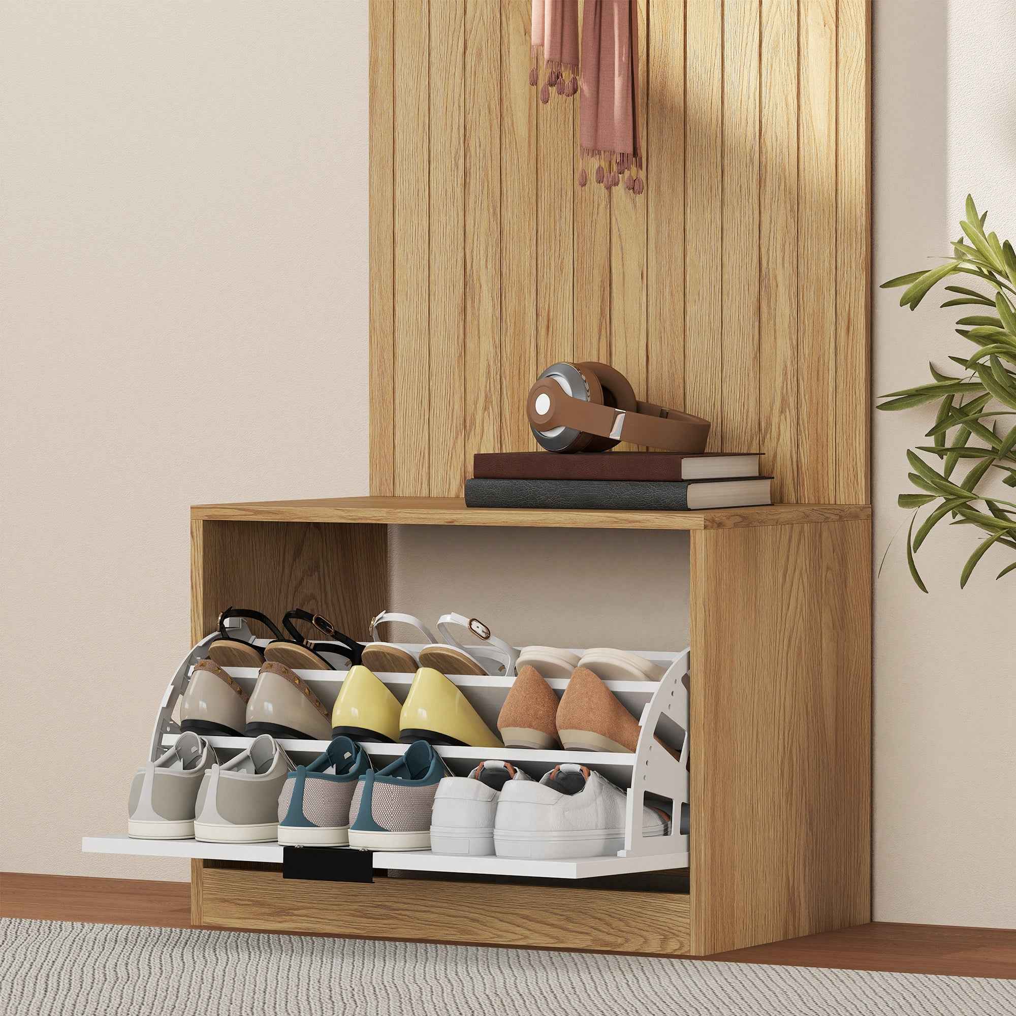 HOMCOM Hallway Furniture with Bench, Shoe Rack and Coat Rack with 4 Hooks, 60x30x170 cm, Oak and White