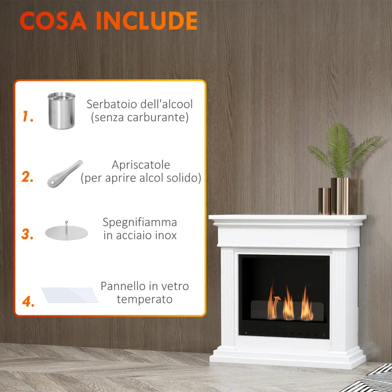 White Bioethanol Fireplace with 3 0.4L burners, glass panel and cover 18, 76x28x76cm - Borgè