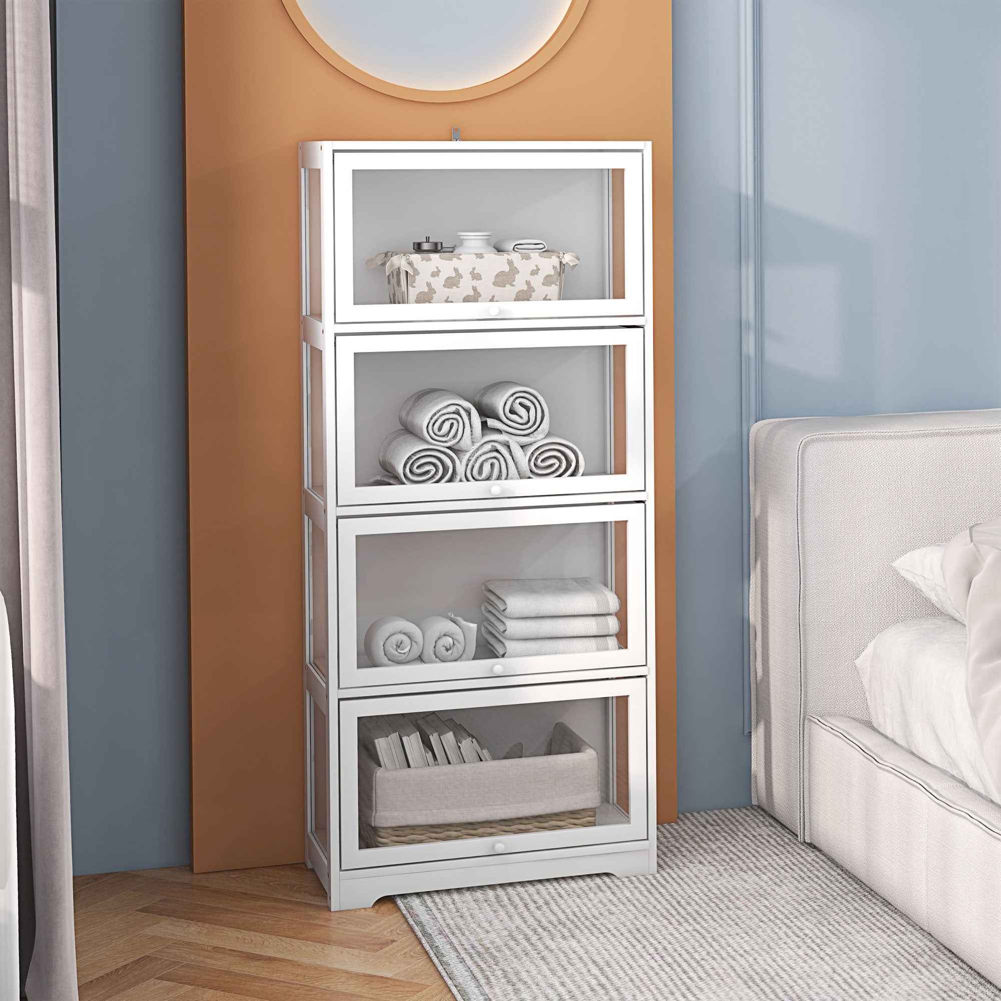 HOMCOM 4-Tier Collection Display Cabinet with Hinged Doors, Wood and Acrylic, 59x30x139 cm, White
