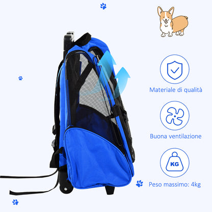 PawHut 2 in 1 Backpack Carrier for Dogs and Cats with Side Pockets, Telescopic Handle and Wheels, 42x25x55cm, Blue