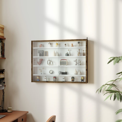 4-Tier Adjustable Display Cabinet, Wall-Mounted Glass and Wood Display Case, 80x9.5x60 cm, Brown