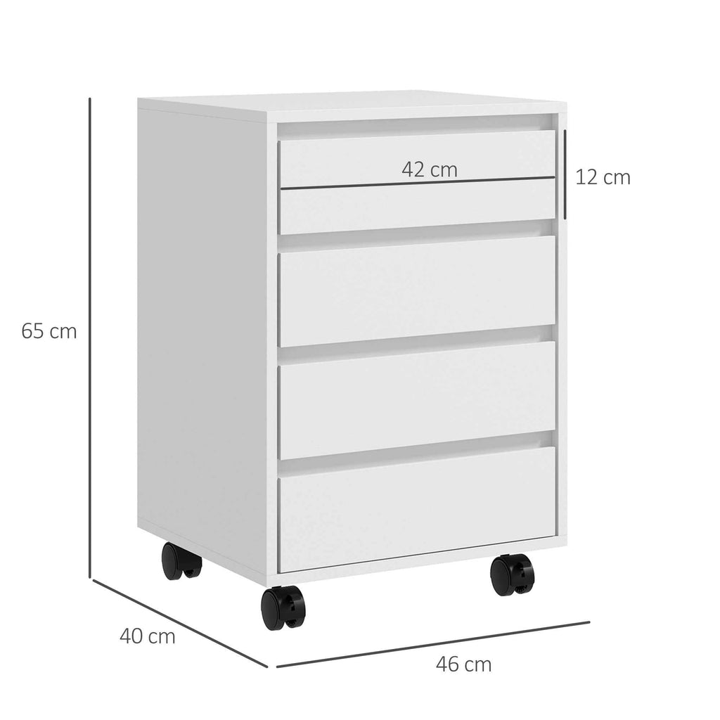 HOMCOM Office Drawer Unit with 4 Drawers and Braked Casters in MDF Wood, 46x40x65 cm, White