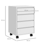HOMCOM Office Drawer Unit with 4 Drawers and Braked Casters in MDF Wood, 46x40x65 cm, White
