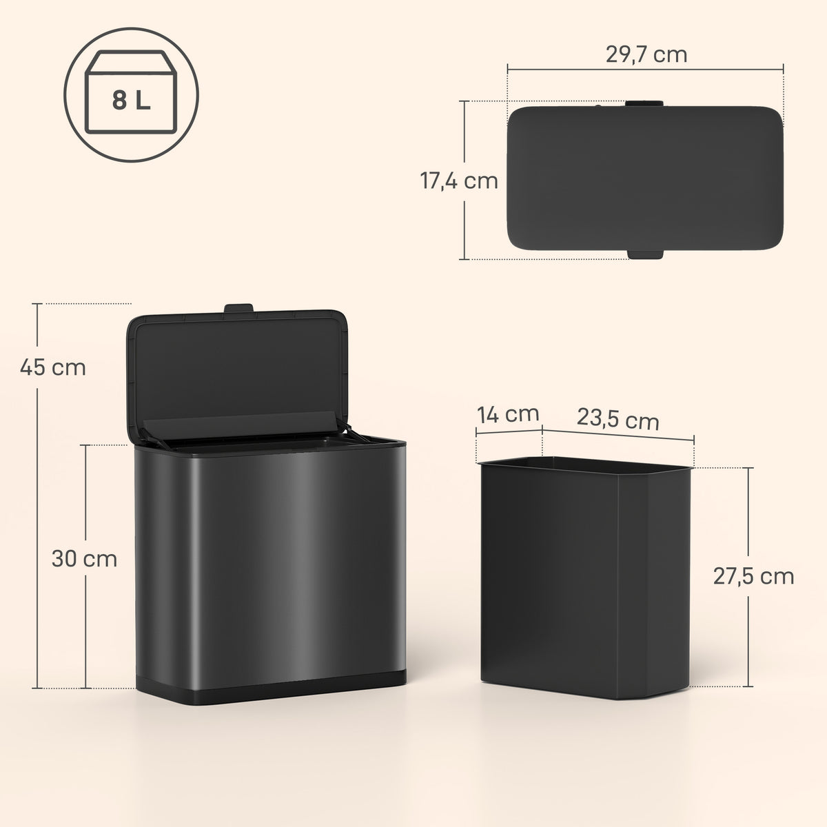 HOMCOM 8L Waste Bin with Stainless Steel Lid and Removable Inner Bucket, 29.7 x 17.4 x 30 cm, Black