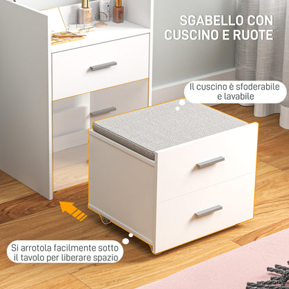 Wooden Make-Up Table with Folding Mirror, 2 Drawers and Stool, 50x40x113.5 cm, White