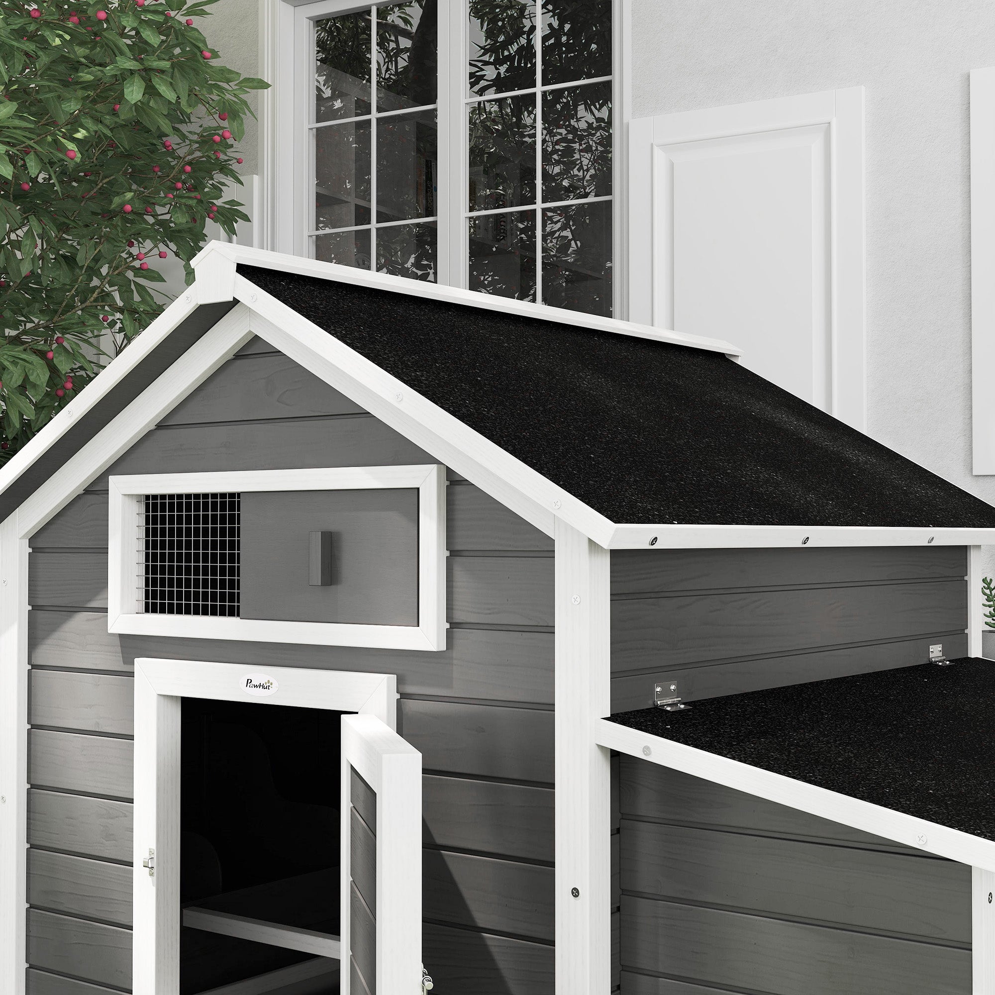 PawHut Outdoor Wooden Chicken Coop with 2 Brooding Nests, Removable Tray and Asphalt Roof, Grey