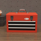 Tool Box with 3 Drawers and Upper Compartment in Steel with Handle, 45x24x27cm, Red