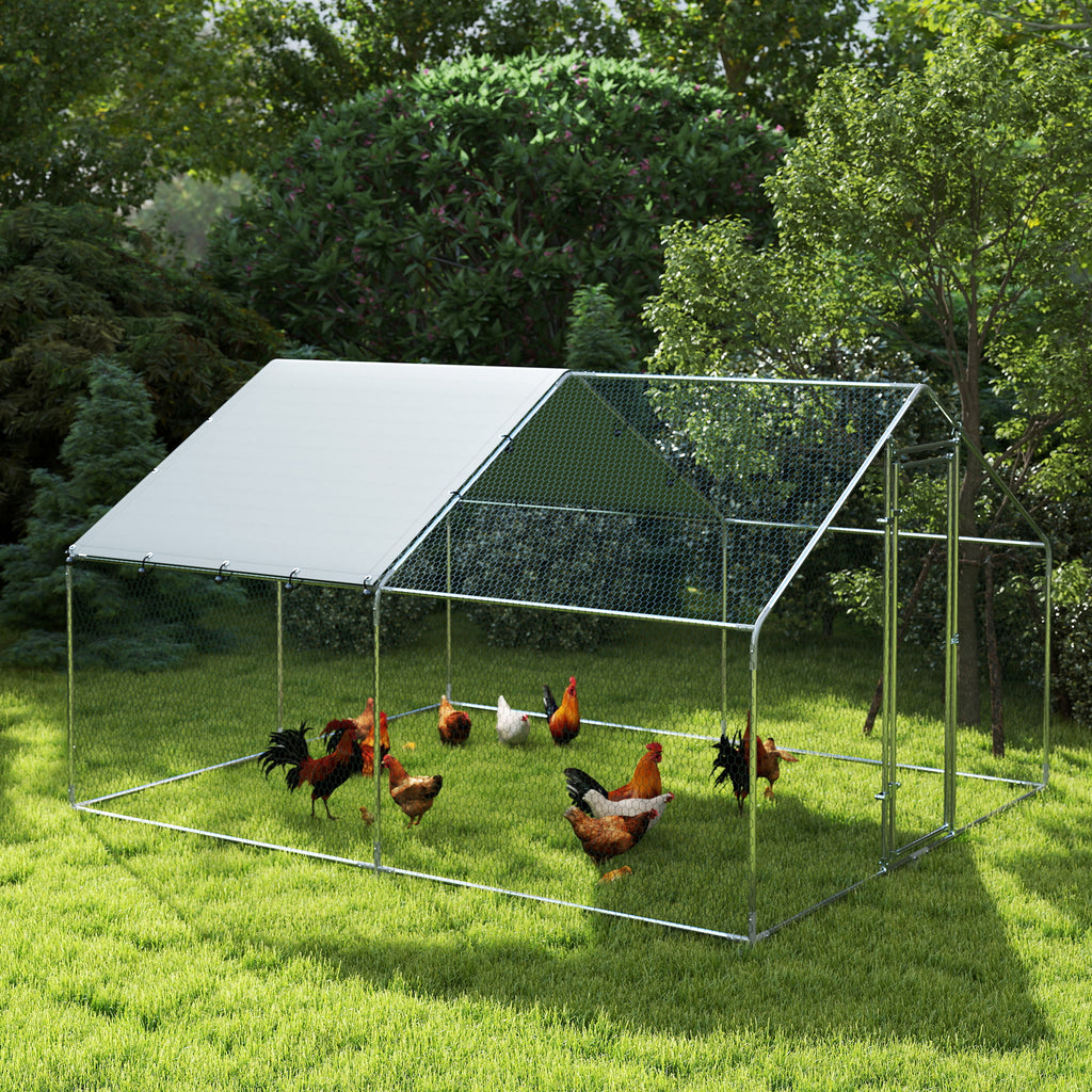 10.2m² Chicken Run for 10-15 Hens with Waterproof Roof, Steel and Fabric, 3x3.4x1.9 m, Silver