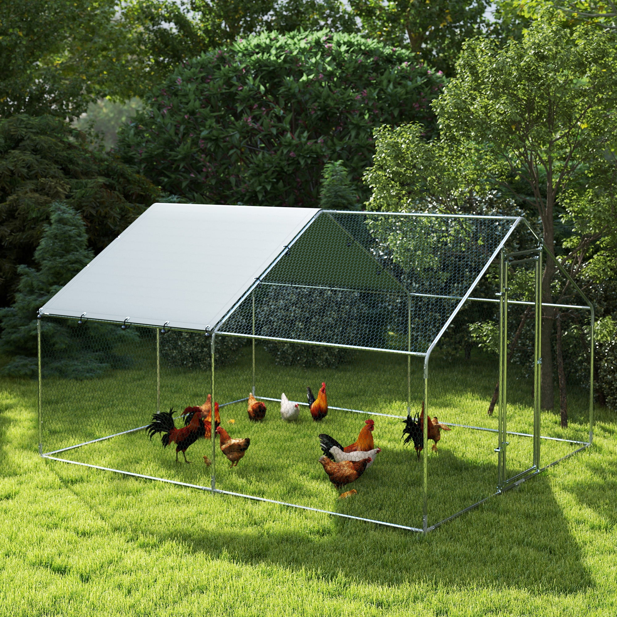 10.2m² Chicken Run for 10-15 Hens with Waterproof Roof, Steel and Fabric, 3x3.4x1.9 m, Silver