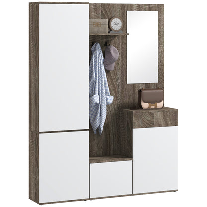 Hallway Cabinet 4 in 1 with Mirror, Hooks and Internal Shelves, Wooden, 145x29x184 cm, Black and White