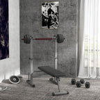 Folding Weight Bench with 8 Adjustable Heights and Steel and PU Barbell Rack, 140x73x98-122 cm, Grey