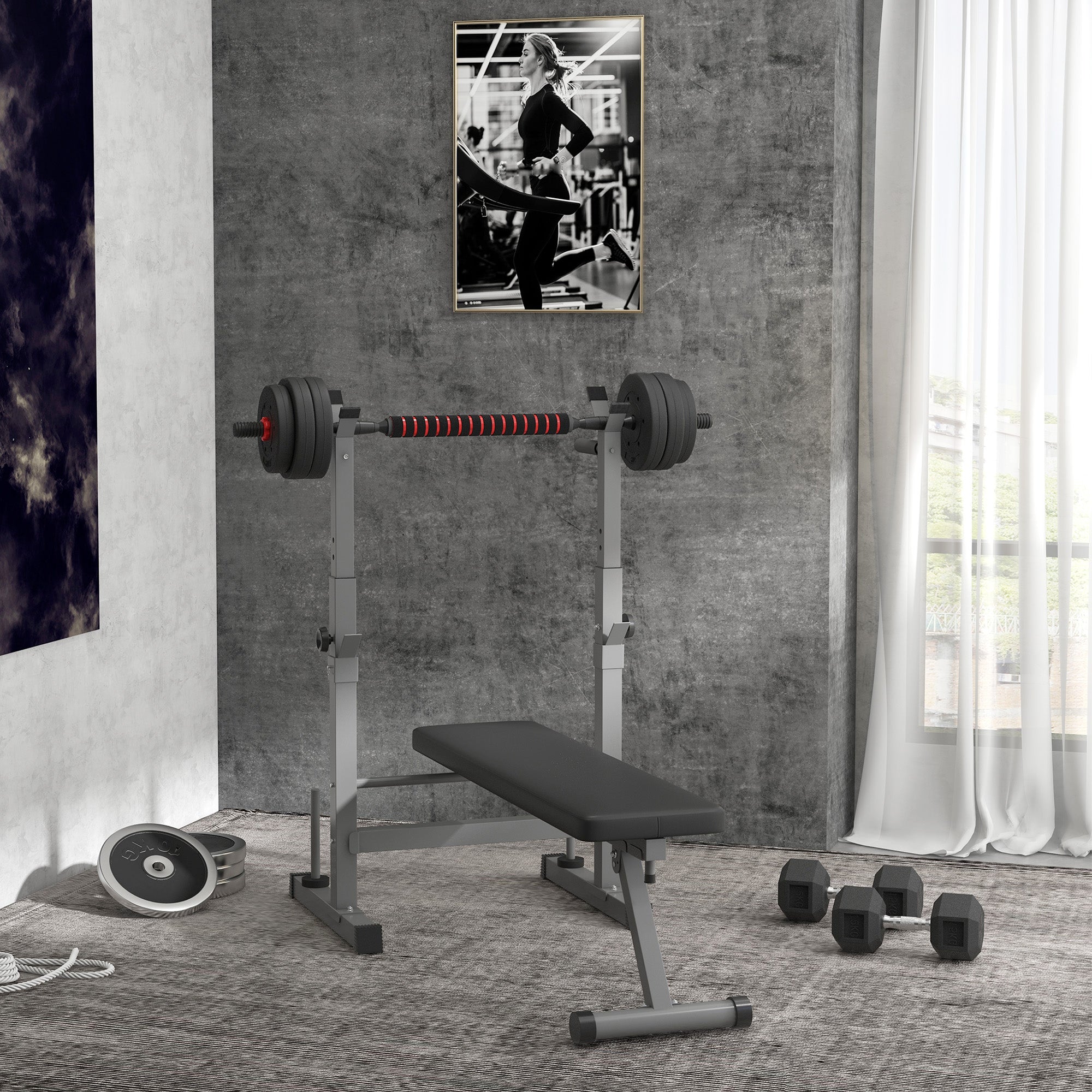 Folding Weight Bench with 8 Adjustable Heights and Steel and PU Barbell Rack, 140x73x98-122 cm, Grey