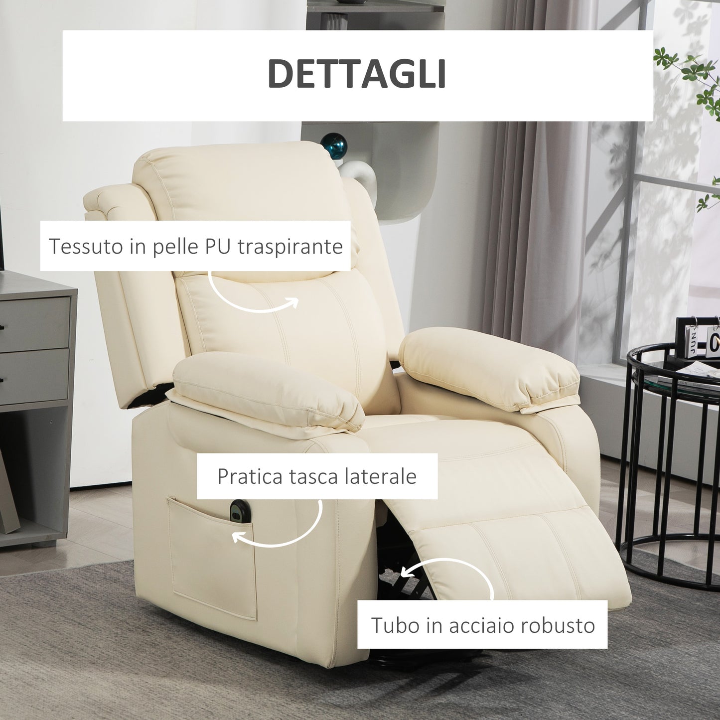 AURORA | 160° Reclining Lift Chair with Footrest and Remote Control, PU Leather and Steel, 76x90x105 cm, Cream