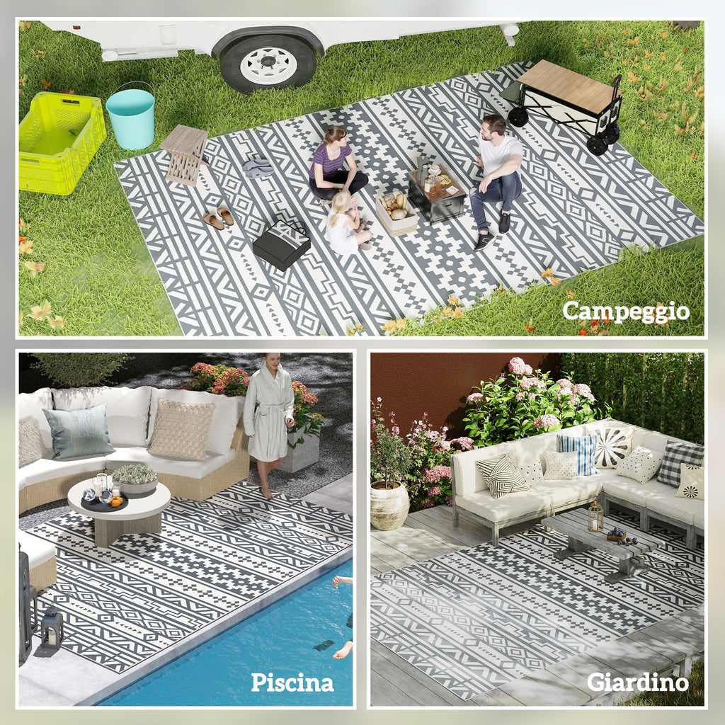 Reversible Outdoor Rug with Geometric Pattern and Bag Included, 182x274 cm, Gray and White