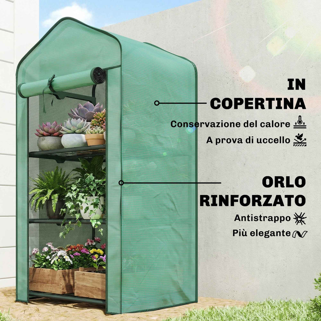 Outsunny Mini Garden Greenhouse with PE Cover, 3 Shelves and Roll-Up Door, 59x39x127cm, Green