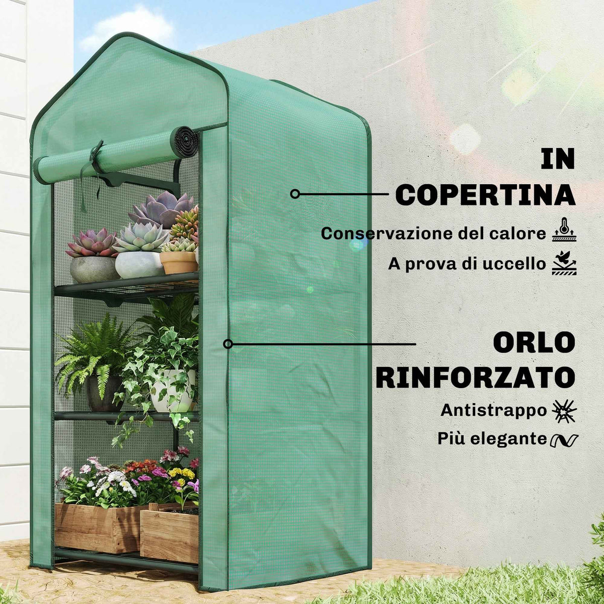 Outsunny Mini Garden Greenhouse with PE Cover, 3 Shelves and Roll-Up Door, 59x39x127cm, Green