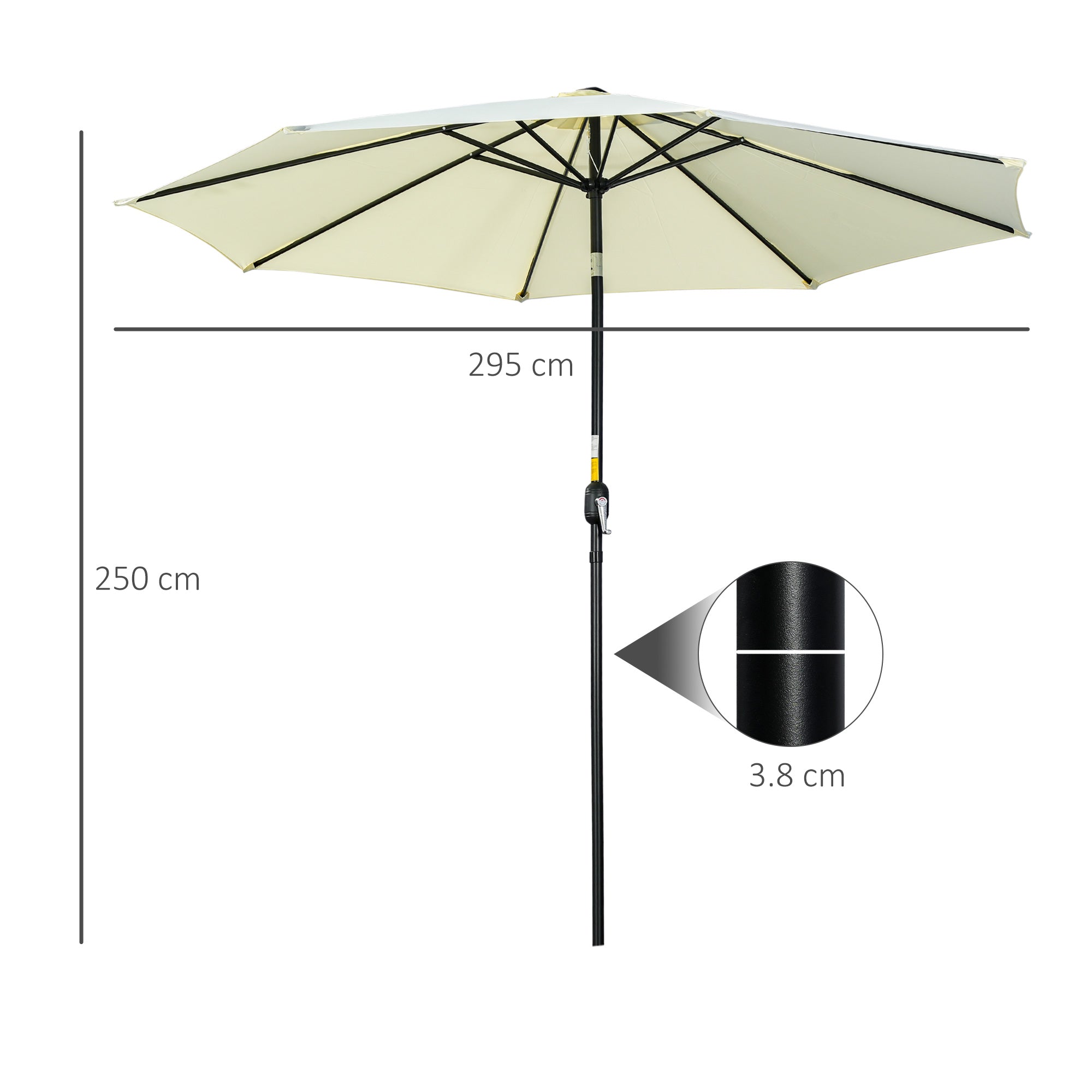 8-Ribbed Tilting Garden Umbrella with Crank Handle, Metal and Polyester, Ø295x250 cm, Beige