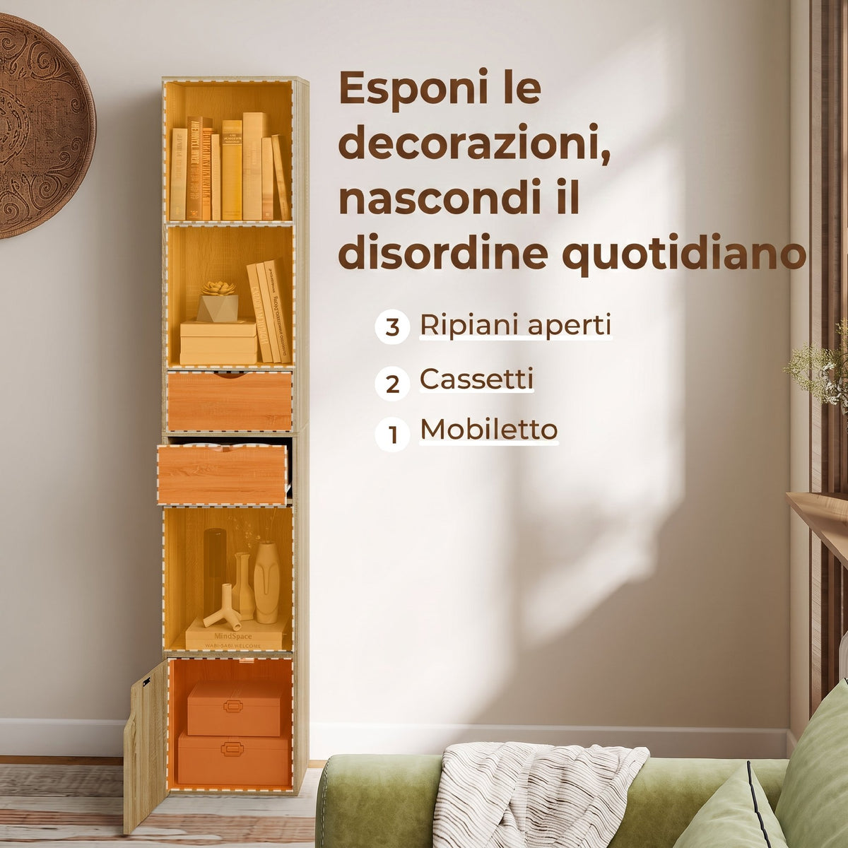 HOMCOM 6-Tier Bookcase with Drawer, Door, Open Shelves, 30x24x158 cm, Oak