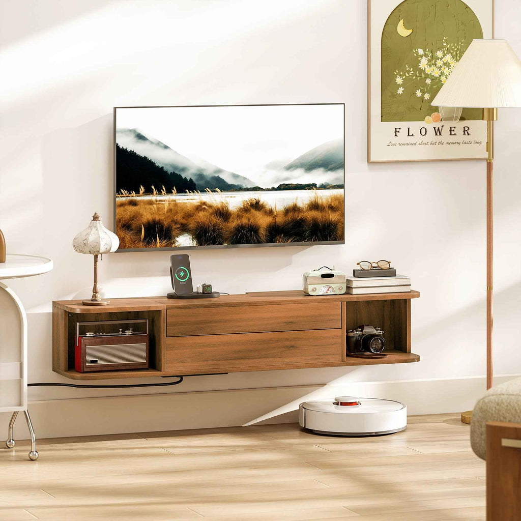 HOMCOM Wall-Mounted TV Stand for up to 50" with Power Sockets, USB and Type-C, Drawer and Shelves, 120x24x22.4 cm, Walnut