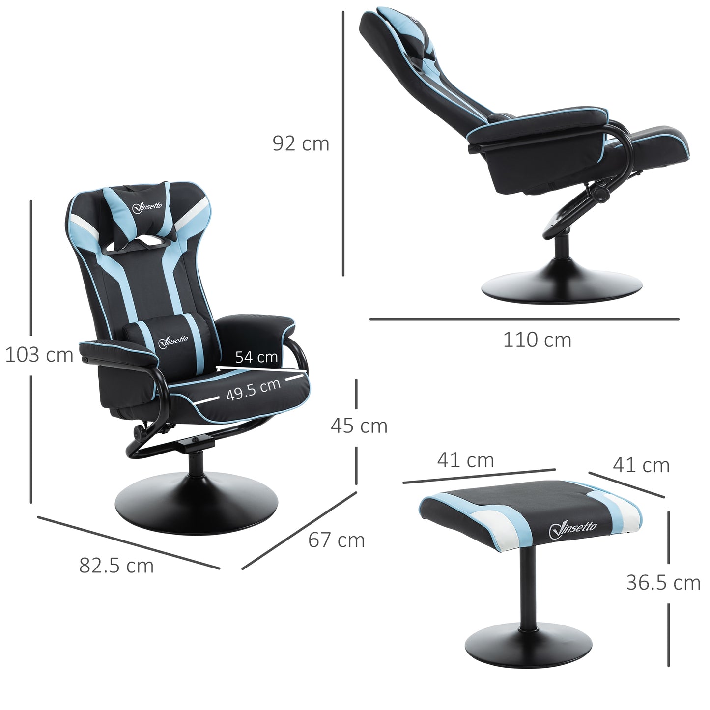 Vinsetto Set of 2 Pieces Reclining Armchair with Gaming Style Footrest, 130° Inclination and Lumbar Support, Black and Light Blue