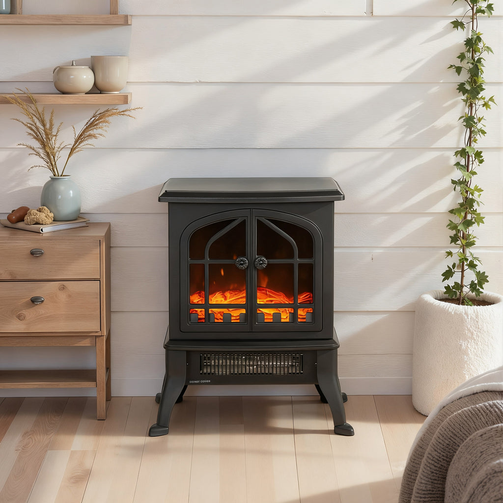 HOMCOM 900/1800W Electric Fireplace with 3D Flame and Adjustable Thermostat (10-35°C), 30㎡, Black