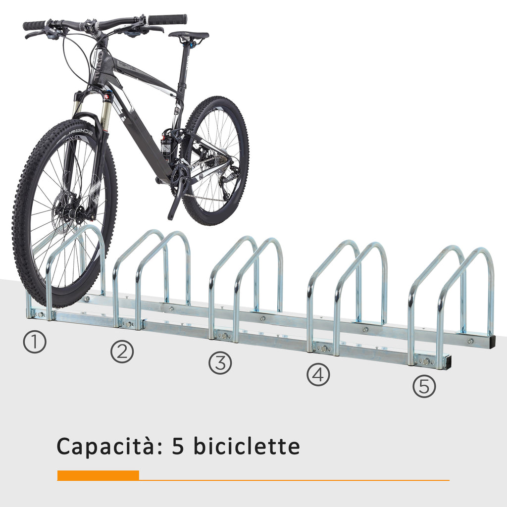 Steel Bike Rack, 5-Bike Parking Stand, 145 x 33 x 27 cm, Silver