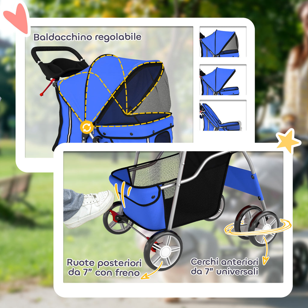 PawHut Dog Stroller, Foldable Pram for Dogs and Cats, Up to 10kg, Blue