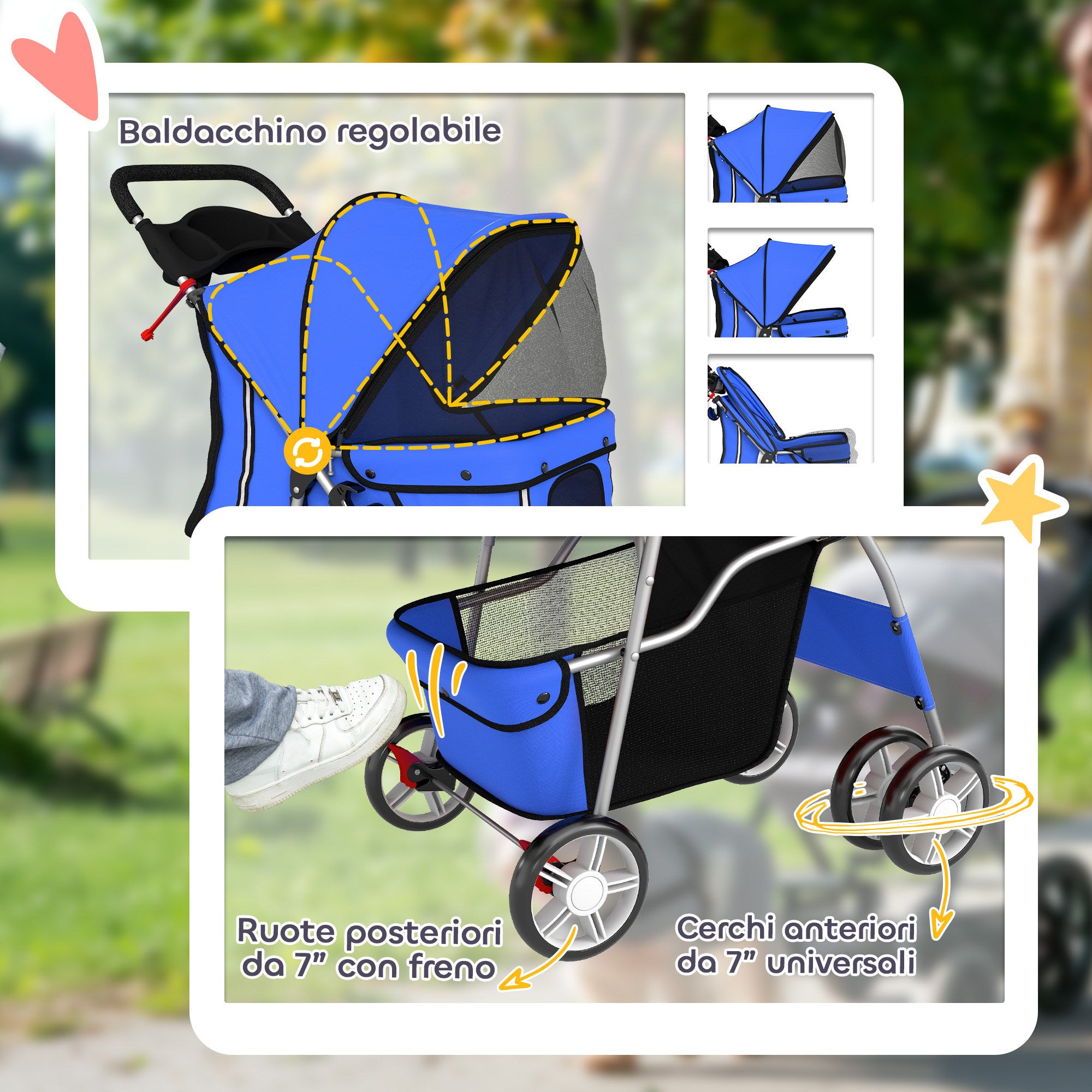 PawHut Dog Stroller, Foldable Pram for Dogs and Cats, Up to 10kg, Blue