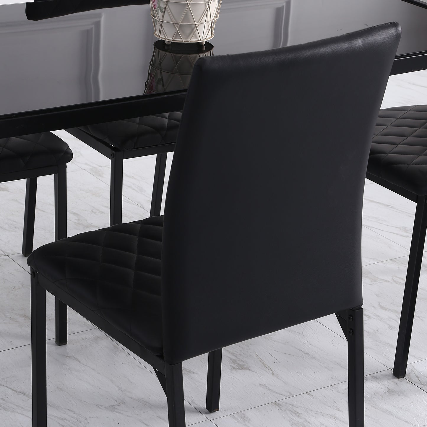 Set of 4 Faux Leather Dining Chairs with Diamond Stitching and Metal Legs, Black