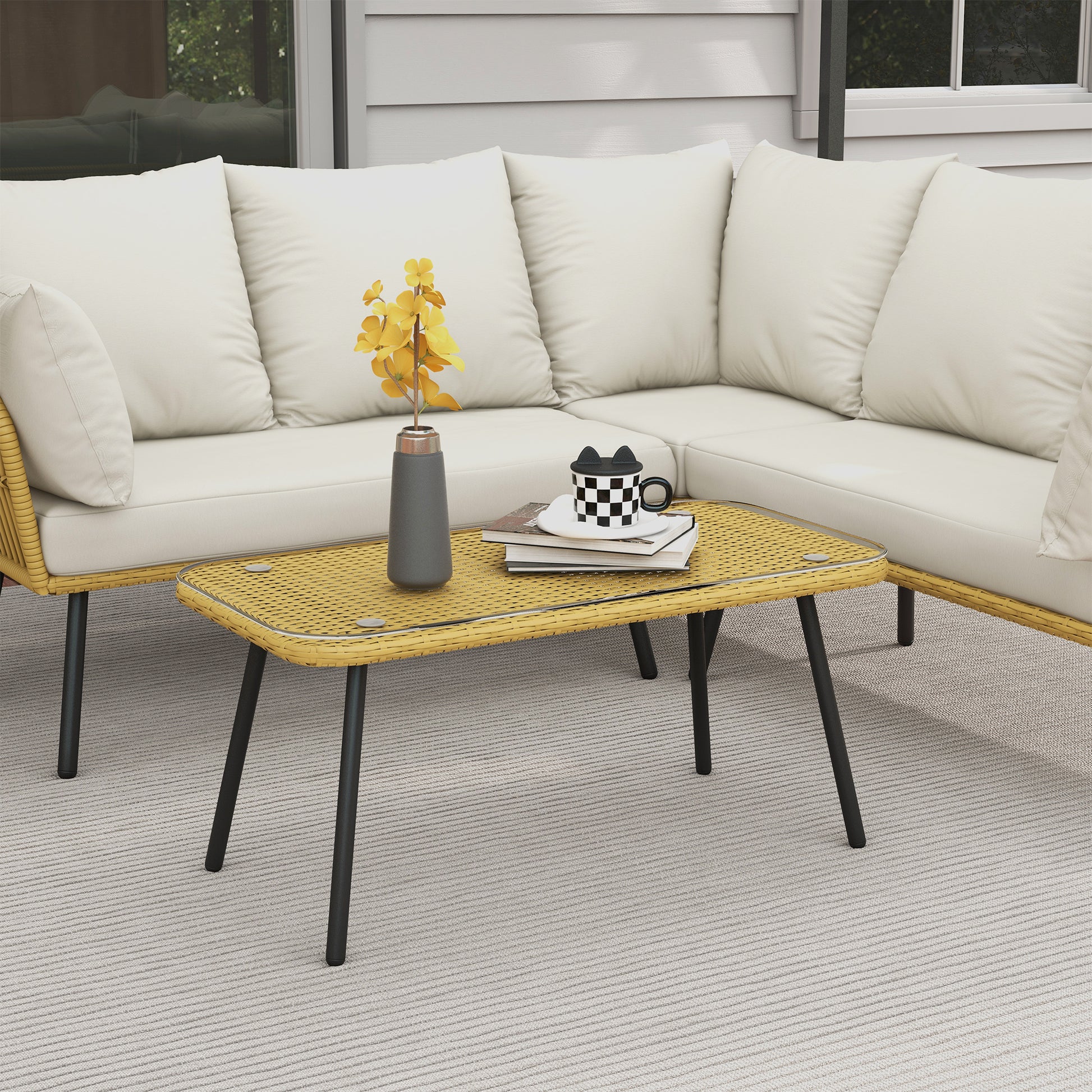 4-Piece Garden Set in PE Rattan with Outdoor Table 90x45x42 cm and 2 Outdoor Sofas 6x63x74 cm, Cream White - Borgè