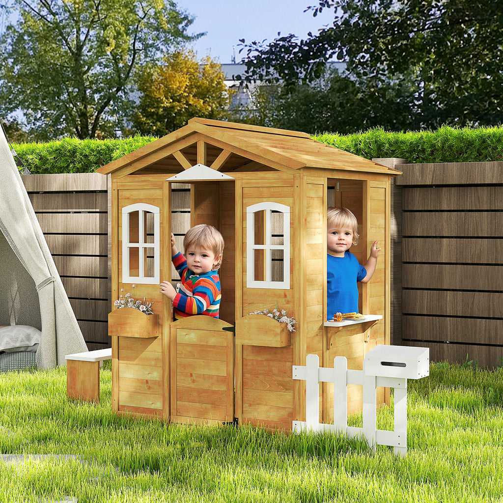 Wooden Children's Playhouse with Windows, Fence and Bench, 205x119x140 cm, Natural Wood