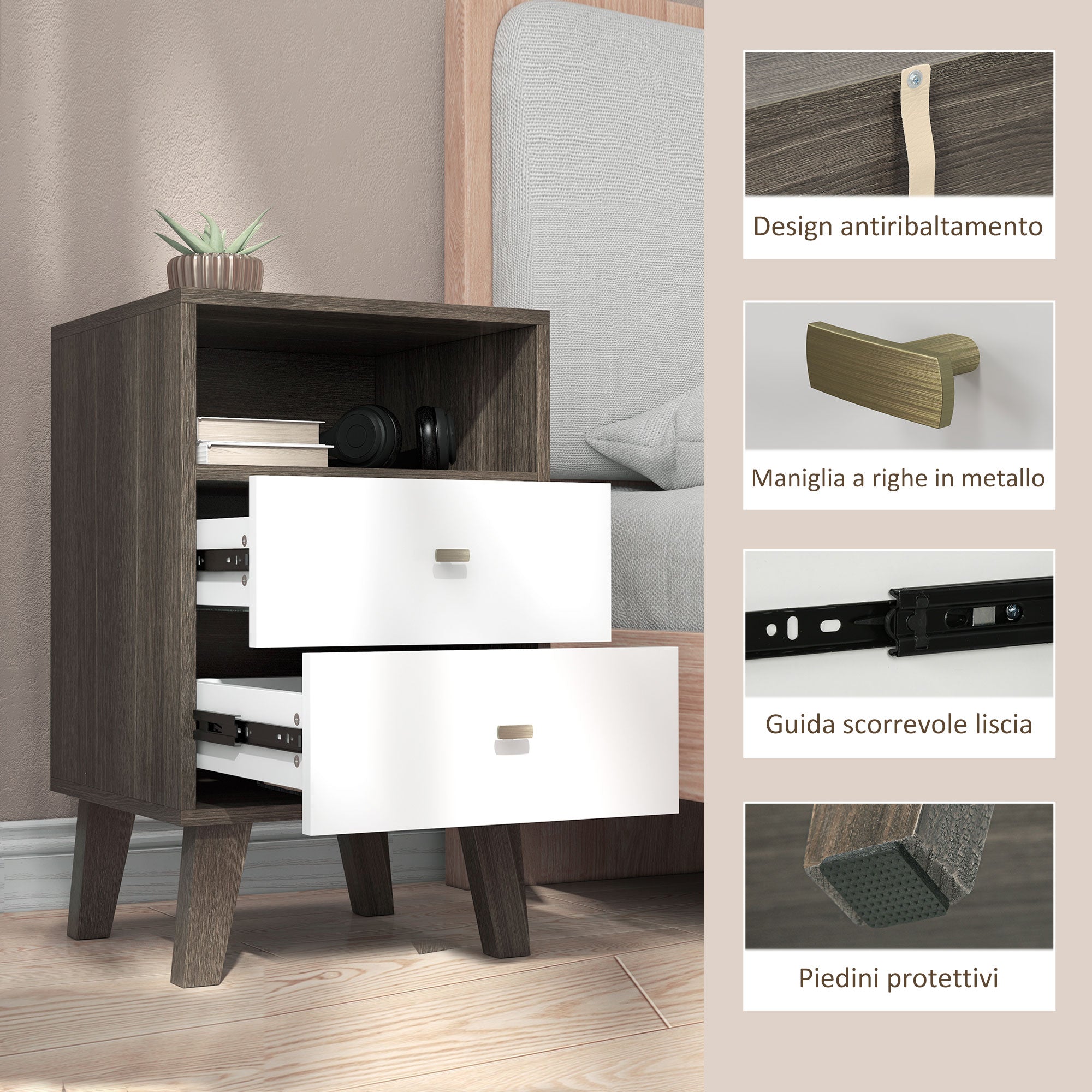 Set of 2 Modern Bedroom Nightstands with 2 Drawers and Open Compartment, 40x34x64cm, Grey