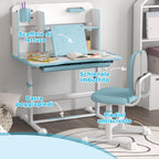 Adjustable Children's Desk and Chair Set, School Desk with Tiltable Top, Drawer, Shelf, Blue