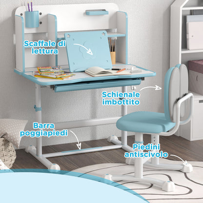 Adjustable Children's Desk and Chair Set, School Desk with Tiltable Top, Drawer, Shelf, Blue