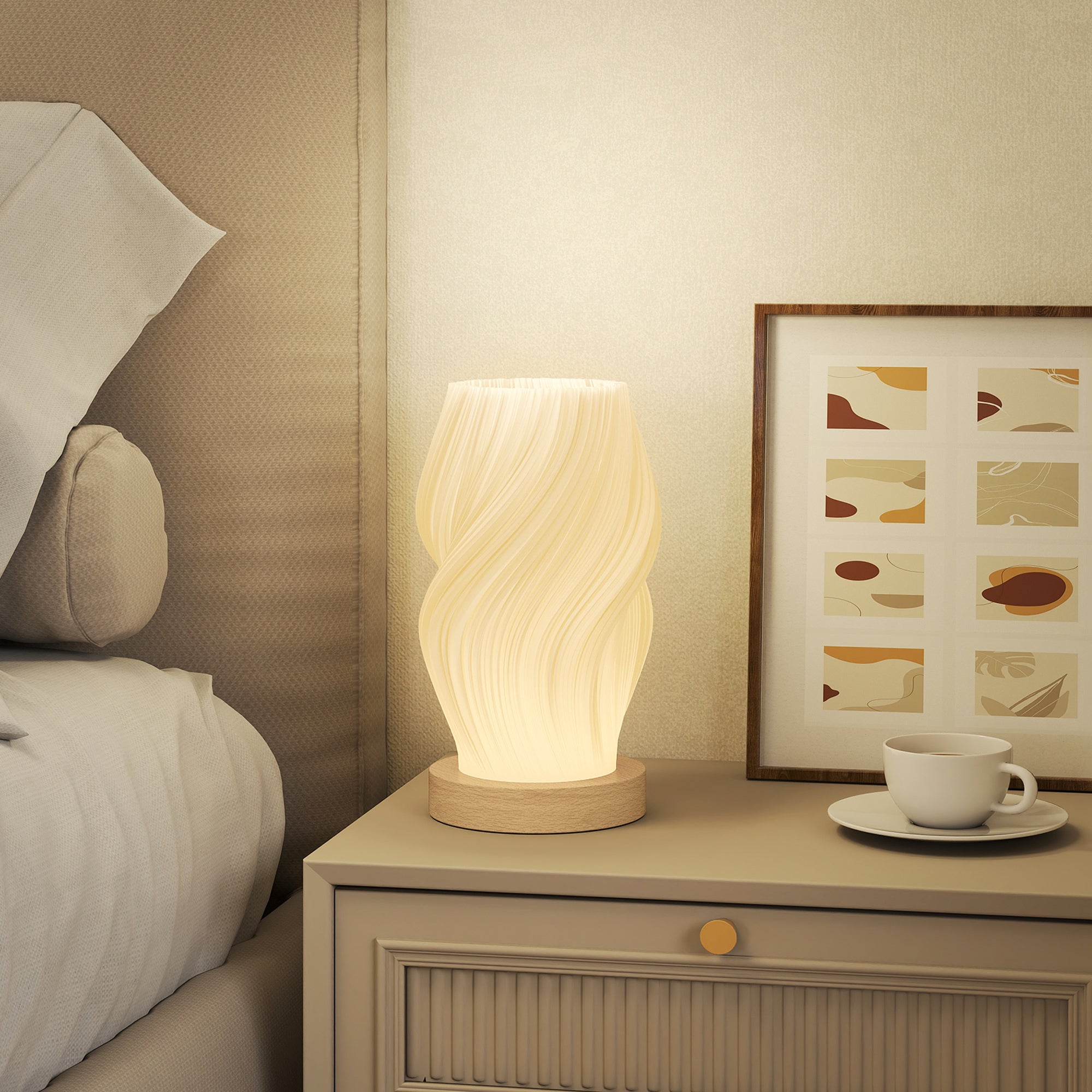 3-Color Wavy Table Lamp with USB Port, ABS and Rubber, Ø12x20 cm, White and Wood Color