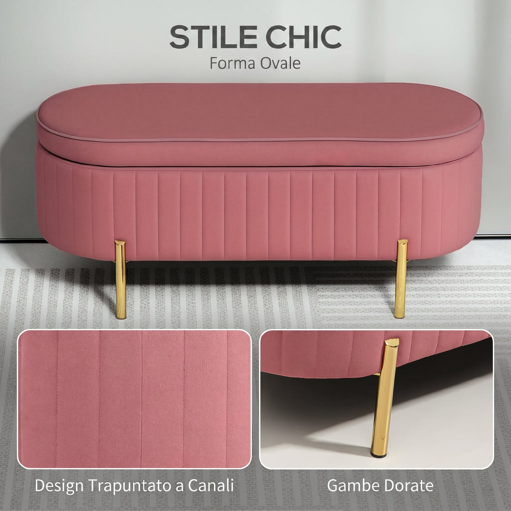HOMCOM 72L Oval Storage Bench with Lift-Top Lid, Velvet Fabric and Wood, 108x44x43.5 cm, Pink