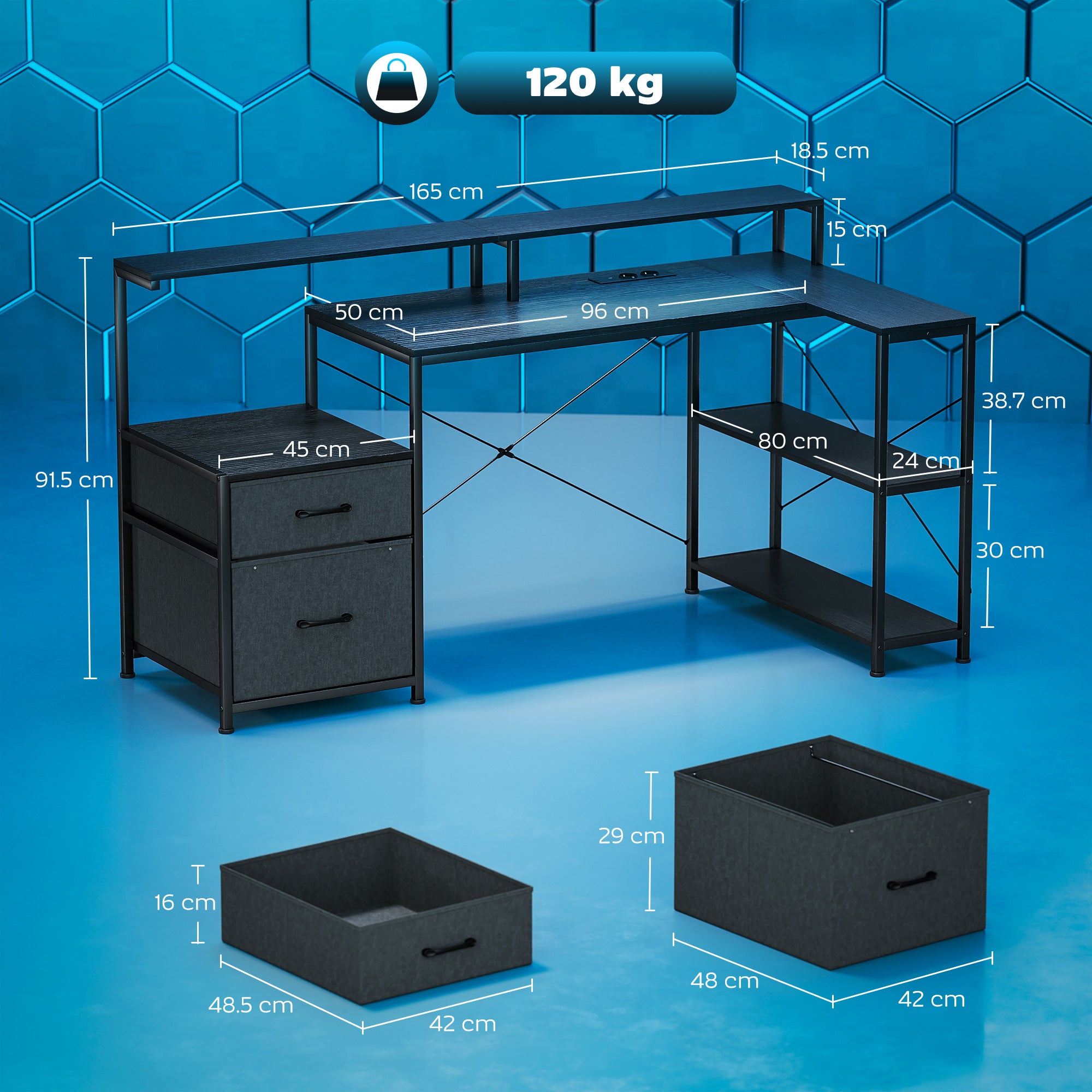 Gaming Desk with Storage Space and 2 Monitor Stands, Wood and Steel, 165x80x91.5 cm, Black