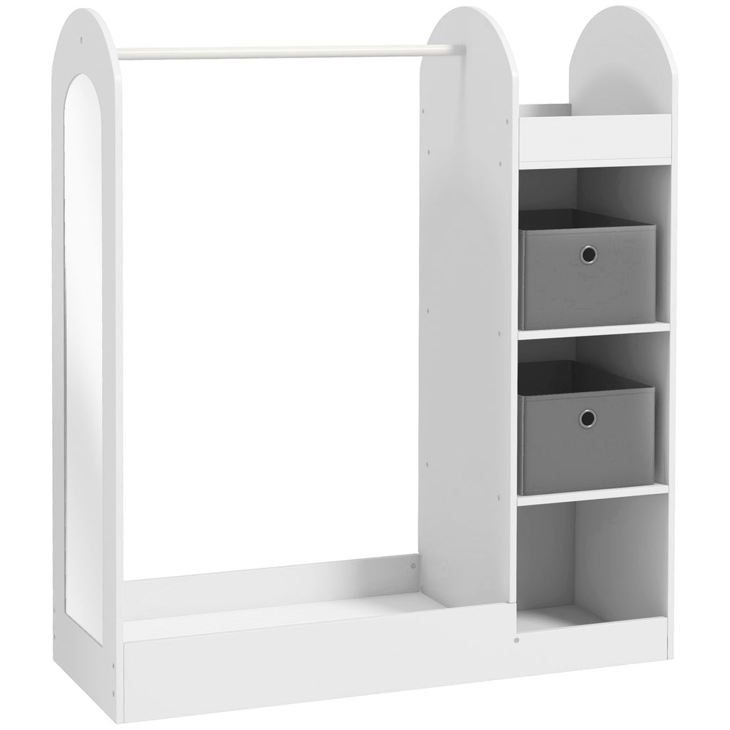 AIYAPLAY Children's Coat Rack for 3-8 Years Old with Shelves, 2 Storage Boxes, Hanging Rail and Mirror, 30 kg Capacity, White